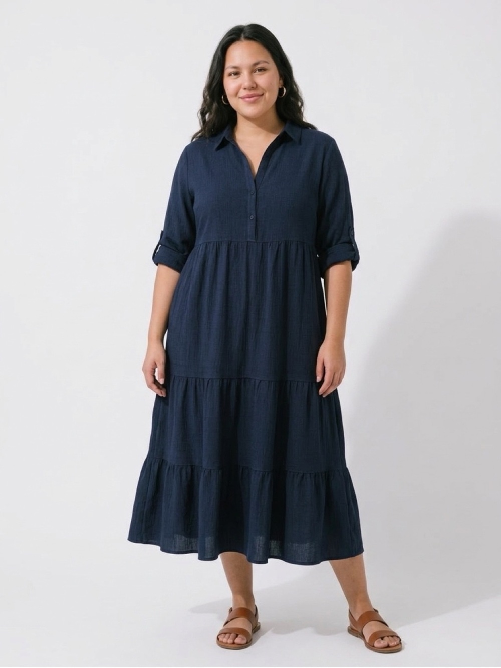 Flowy Max Studio London Navy Tiered Shirt Dress — Size L